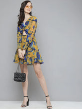 Sassafras - Mustard & Blue Floral Front Knot Short Dress